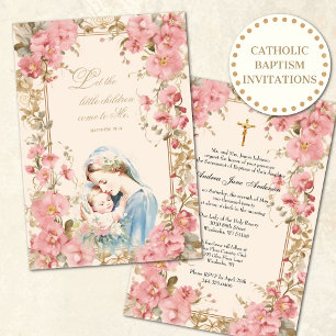 Catholic Baptism Christening Pink Floral Mary Invitation