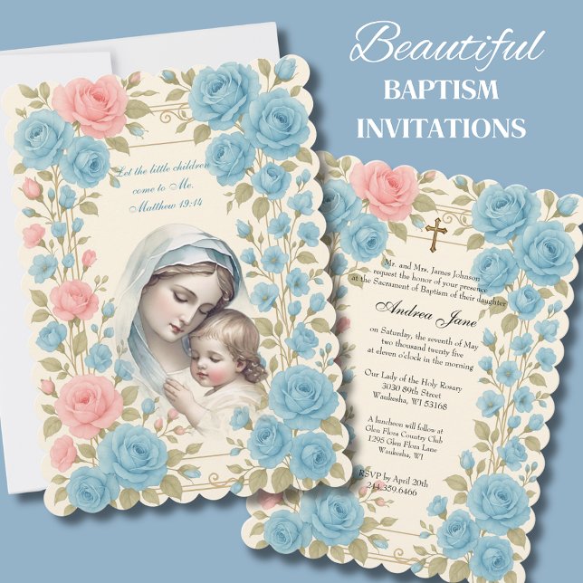 Catholic Baptism Floral Jesus Blessed Mother Invitation (Creator Uploaded)