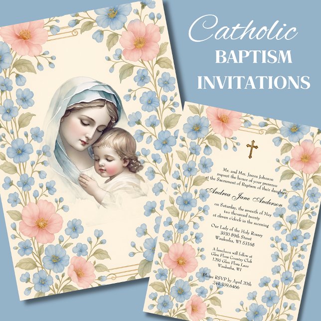 Catholic Baptism Floral Jesus Blessed Mother Invitation (Creator Uploaded)