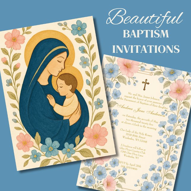 Catholic Baptism Floral Mary & Baby Jesus  Invitation (Creator Uploaded)