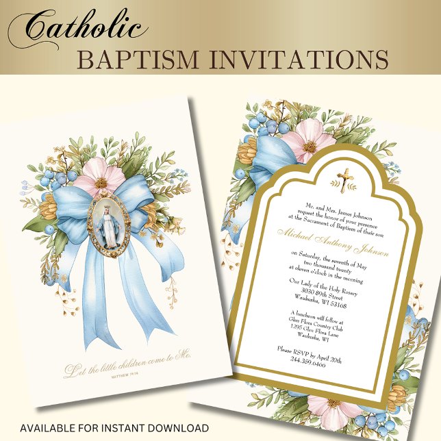 Catholic Baptism Floral Mother Mary Christening Invitation (Creator Uploaded)