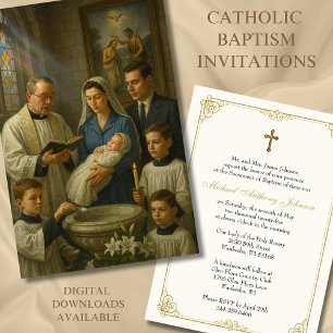 Catholic Baptism Infant Baby White liles Invitation