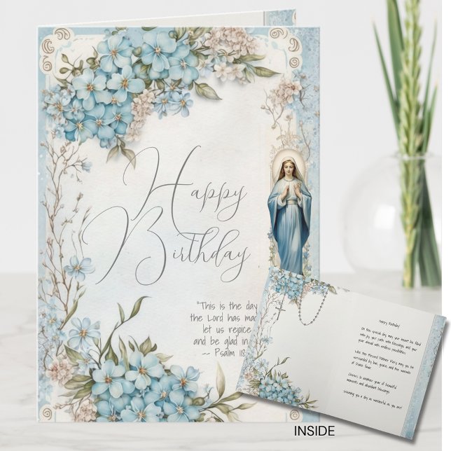 Catholic Birthday Mary Blue Floral Scripture Card (Creator Uploaded)