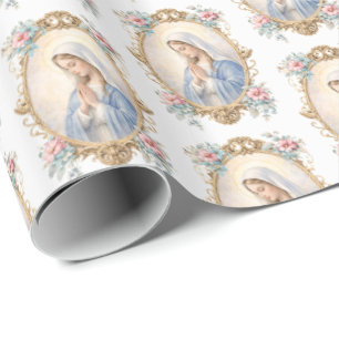 Catholic Blessed Mother Mary Floral Religious Wrapping Paper