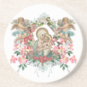 Catholic Blessed Virgin Mary Baby Jesus Floral Coaster