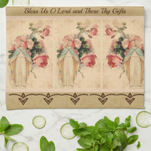 Catholic Blessed Virgin Mary Floral Prayer Tea Towel