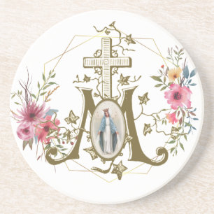 Catholic Blessed Virgin Mary Marian Cross Floral Coaster