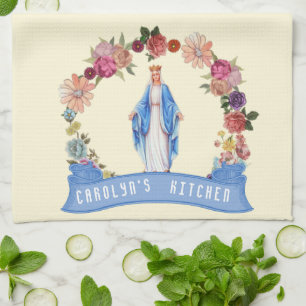 Catholic Blessed Virgin Mary Religious Floral Tea Towel