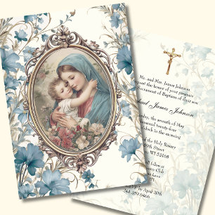 Catholic Blue Floral Baptism Christening Baby Invitation