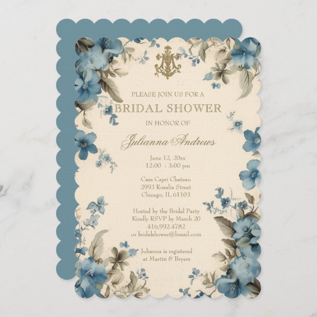 Catholic Blue Floral Bridal Shower Marian Cross Invitation (Front/Back)