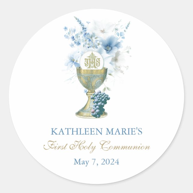 Catholic Blue Floral First Communion Eucharist Classic Round Sticker (Front)