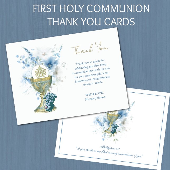 Catholic Blue Floral First Communion Thank You (Creator Uploaded)
