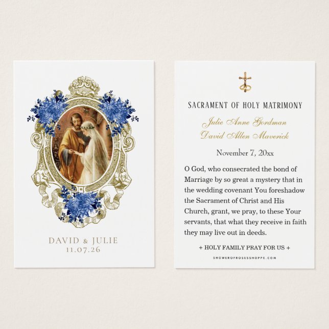 Catholic Blue Floral Gold Wedding Holy Card (Front & Back)