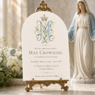 Catholic Blue Floral Marian Monogram May Crowning  Invitation
