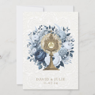 Catholic Blue Floral Monstrance Wedding Holy Card