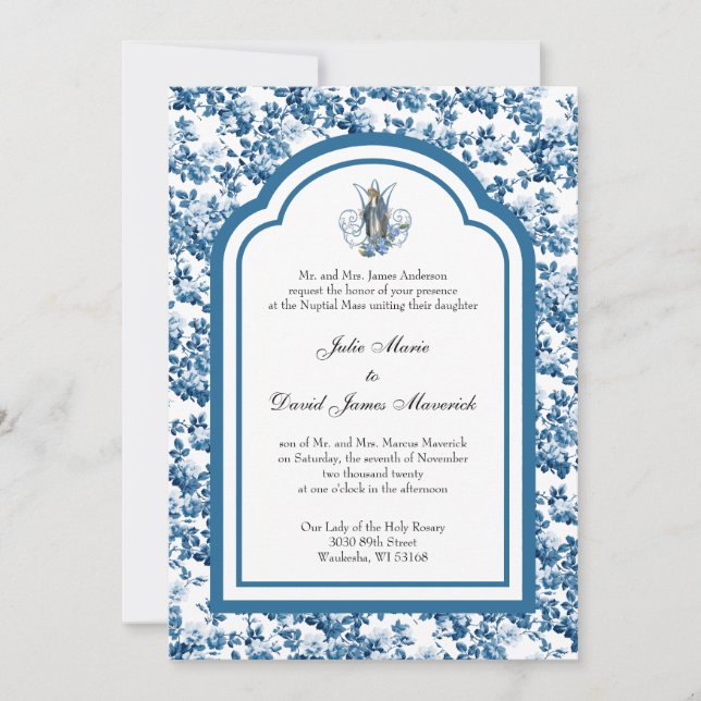 Catholic Blue Floral Virgin Mary Wedding Invitation (Front)