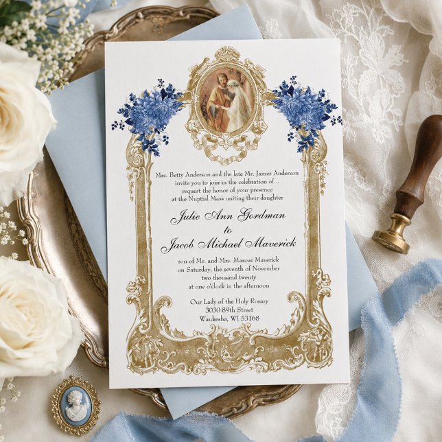 CATHOLIC BLUE FLORAL WEDDING INVITATIONS (Creator Uploaded)