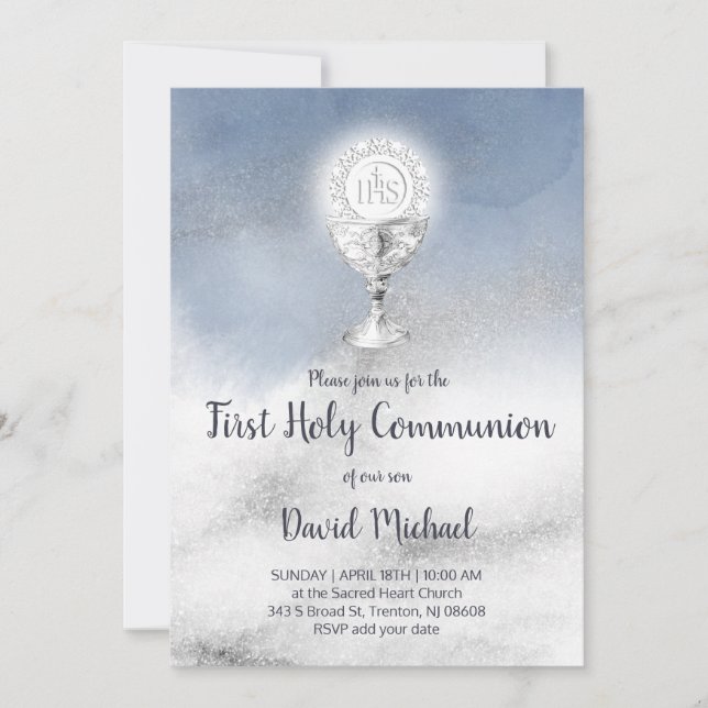 catholic boy first communion watercolor marble invitation (Front)