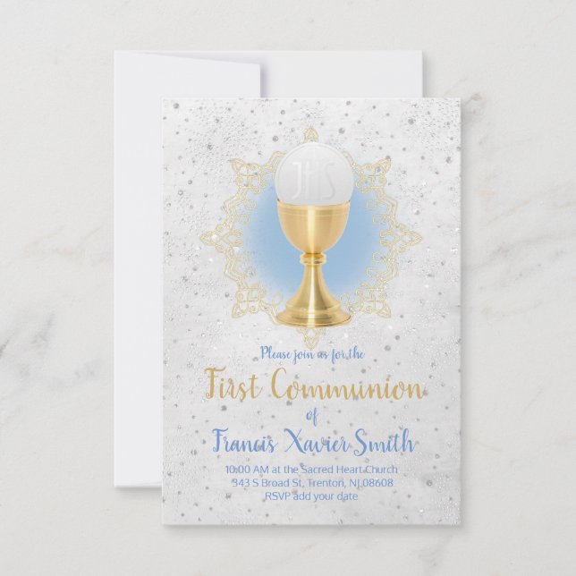 catholic boy first holy communion celebration invitation (Front)