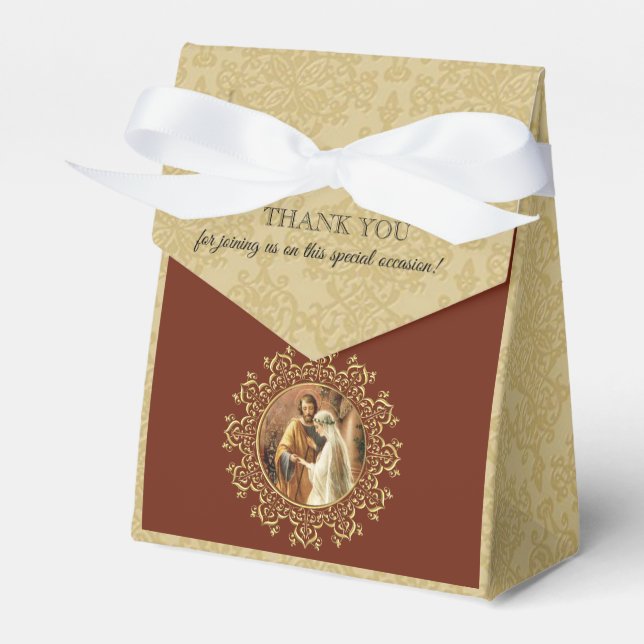 Catholic Bride & Groom Mary St. Joseph Gold Damask Favour Box (Front Side)