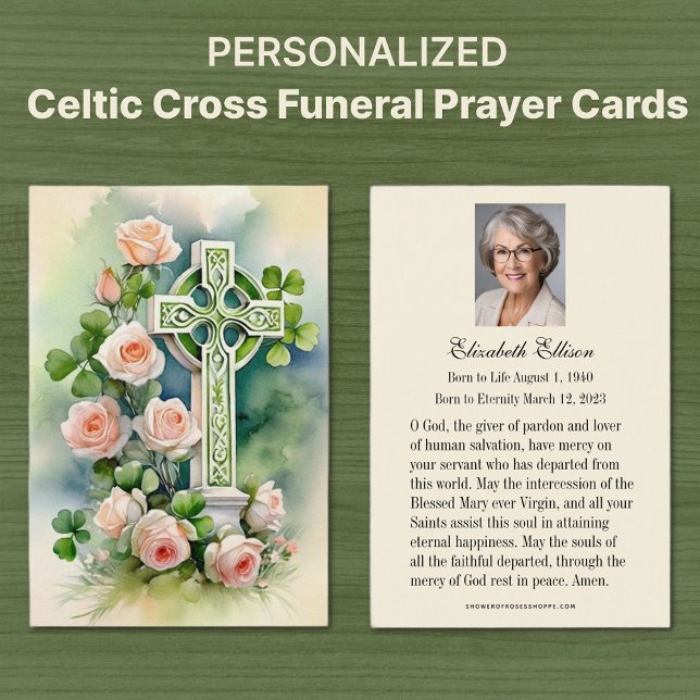 Catholic Celtic Cross Funeral Memorial Prayer  (Irish Celtic Cross with Peach Roses Catholic Funeral Memorial Prayer Cards)