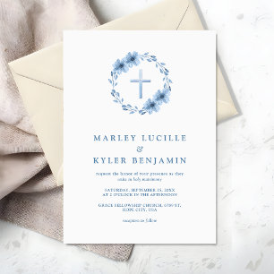 Catholic Christian Dusty Blue Floral Cross Wedding Invitation