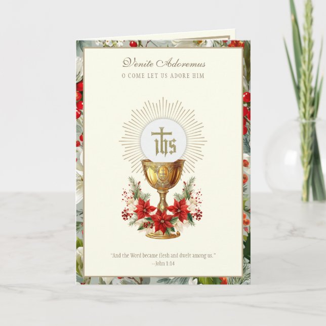 Catholic Christmas Eucharist Poinsettia Floral Holiday Card (Front)