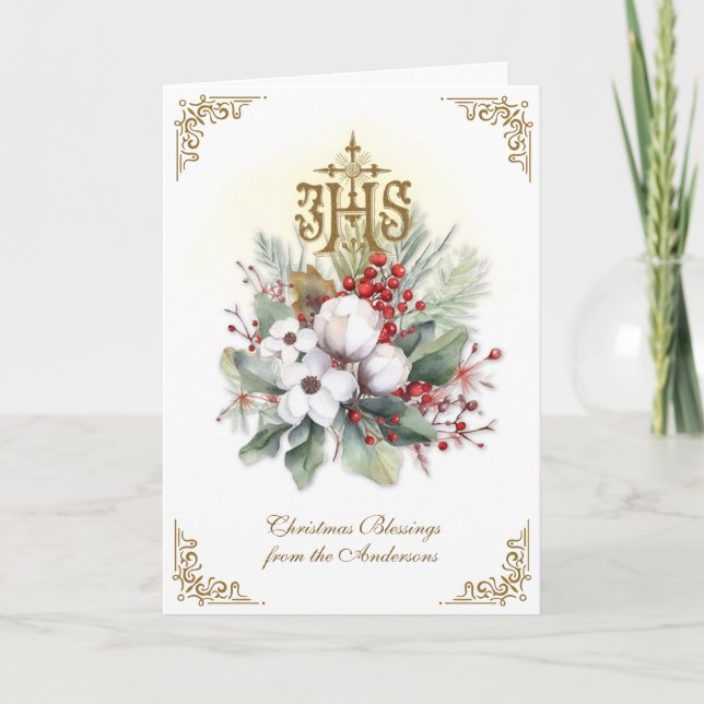 Catholic Christmas IHS Floral Poinsettia Holiday Card (Front)