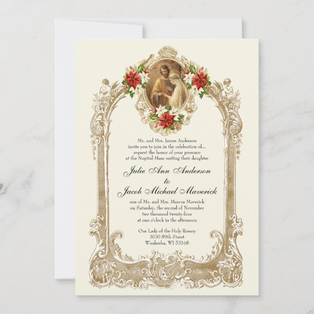 CATHOLIC CHRISTMAS POINSETTIA WEDDING INVITATIONS (Front)