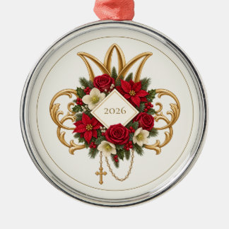 Catholic Christmas Rosary Poinsettia Metal Ornament