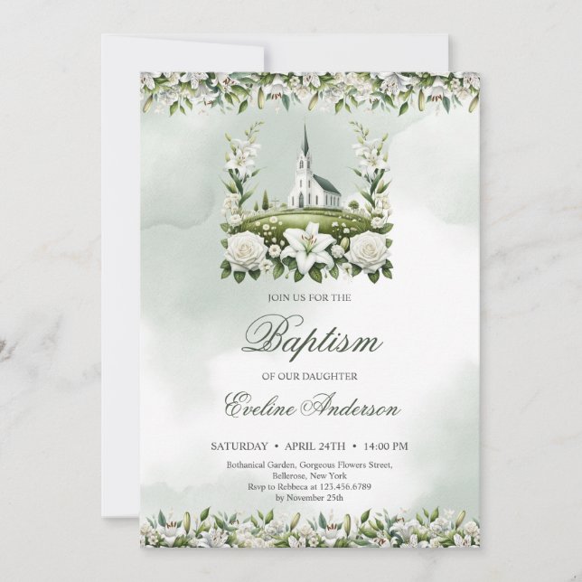 Catholic Church watercolor lilies & roses Baptism Invitation (Front)