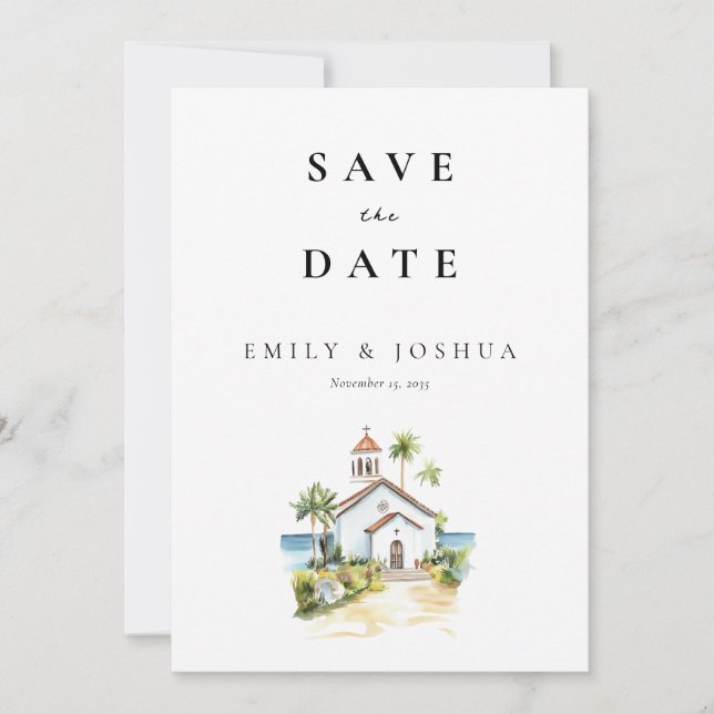 Catholic Church Watercolor Wedding Save The Date (Front)
