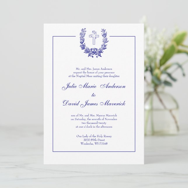 Catholic Classic Elegant Navy Blue Cross Dove Invitation (Standing Front)