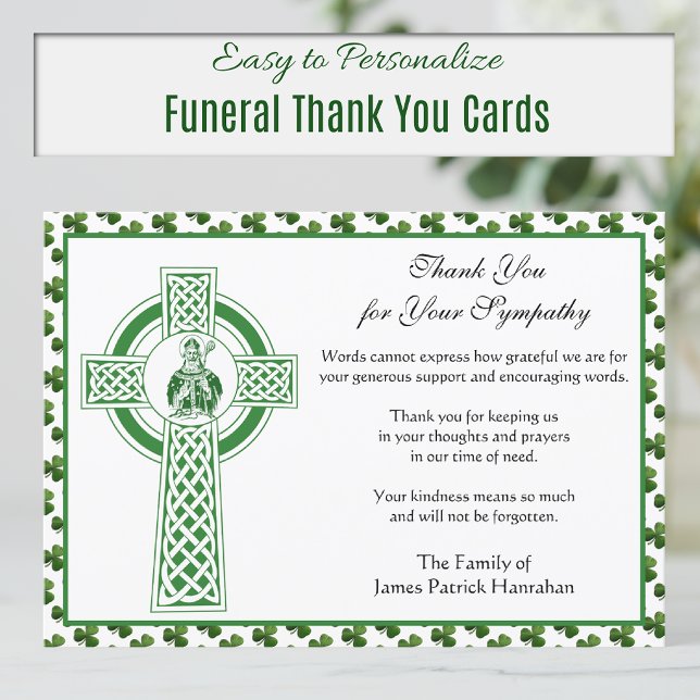  Catholic Condolence Irish St. Patrick Shamrocks Thank You Card (Irish Celtic Cross and St. Patrick Funeral Thank you cards)