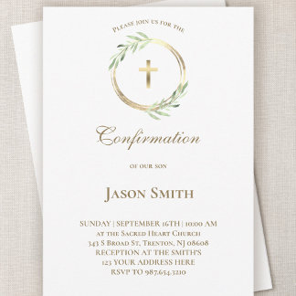catholic Confirmation gold circle green leaves Invitation