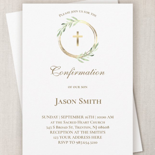 catholic Confirmation gold circle green leaves Invitation (Creator Uploaded)