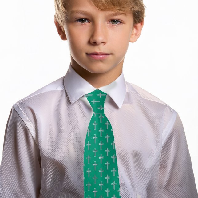 Catholic Cross Emerald Green Faux Silver Communion Tie (Creator Uploaded)