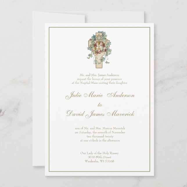 Catholic Cross  Eucharist Floral  Wedding Invitation (Front)
