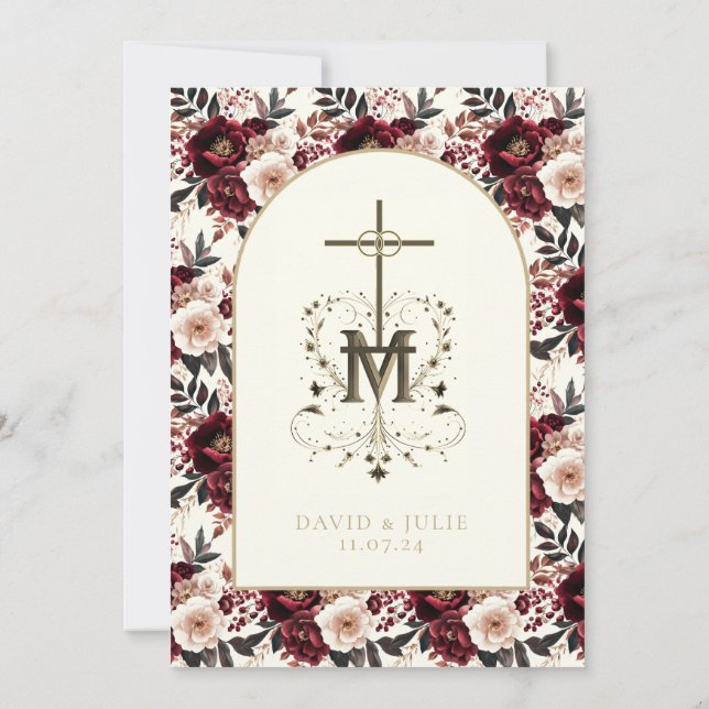 Catholic Dark Red Blush Floral Religious Wedding  Invitation (Back)