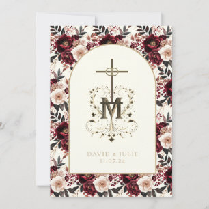 Catholic Dark Red Blush Floral Religious Wedding  Invitation