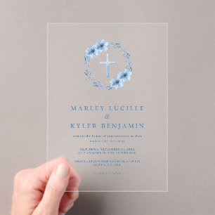 Catholic Dusty Blue Floral Cross Wedding Minimal Acrylic Invitations