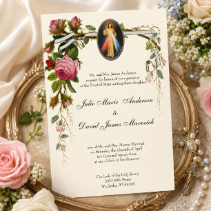 Catholic Elegant Ivory Wedding Divine Mercy COMBO Invitation