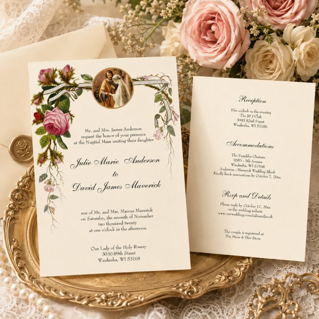 Catholic  Elegant Ivory Wedding Reception COMBO Invitation (Creator Uploaded)