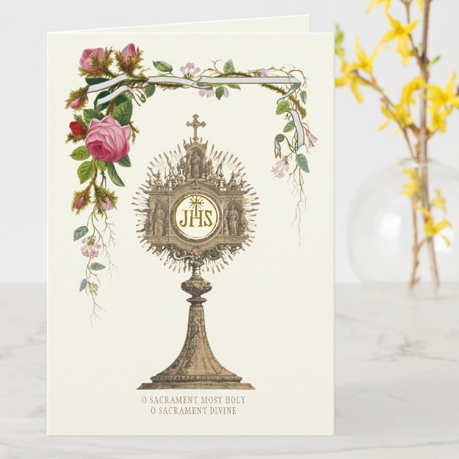 Catholic Eucharistic Host Gold Monstrance Roses Card (Creator Uploaded)