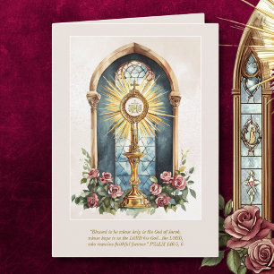 Catholic Eucharistic Host Gold Monstrance Roses Card