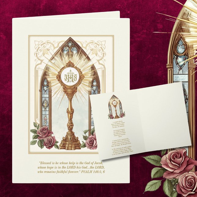 Catholic Eucharistic Host Gold Monstrance Roses Card (Creator Uploaded)