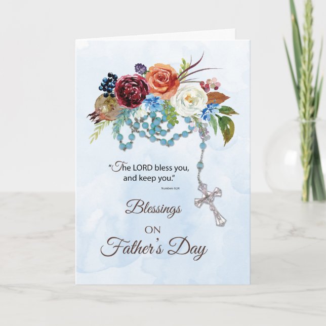 Catholic Fathers Day Blue Rosary Colourful Flowers Card (Front)