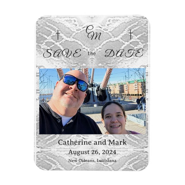 Catholic Faux-Satin Monogrammed Save the Date Magnet (Vertical)