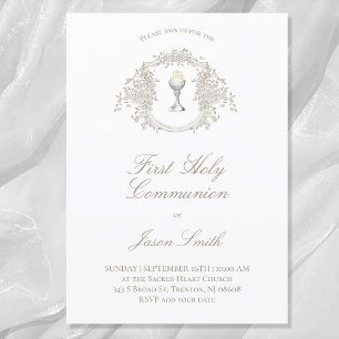 catholic first communion chalice beige grey crest invitation