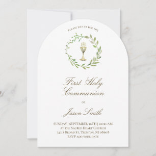catholic first communion chalice green wreath invitation